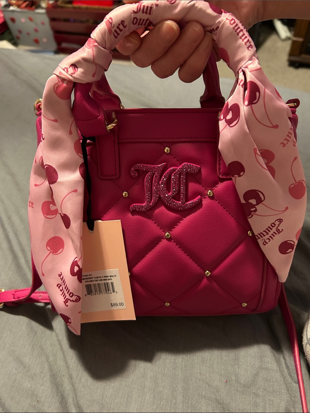 Juicy Couture Hot Pink Quilted Crossbody with Cherry-Print Scarf